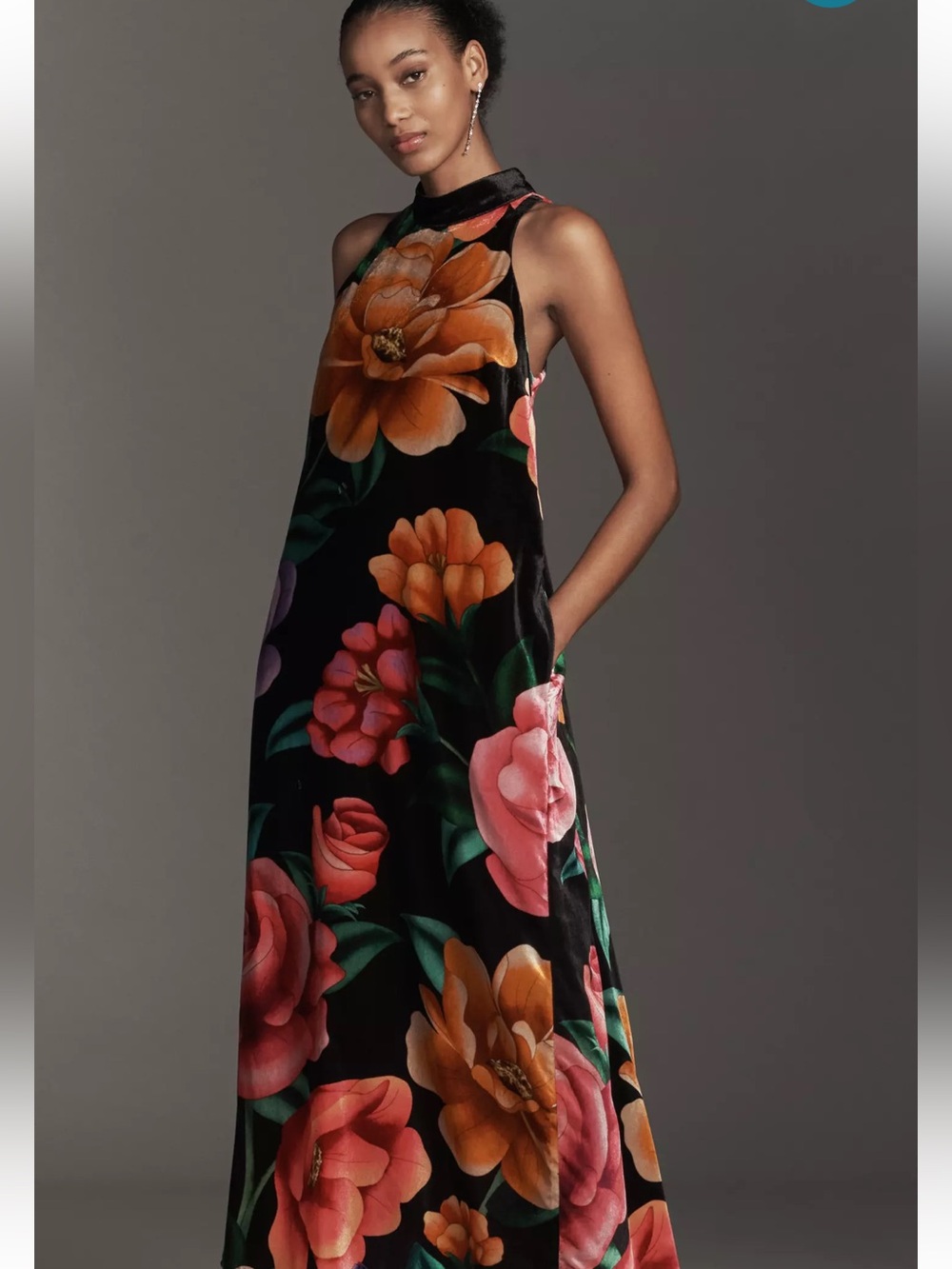 FARM RIO x Anthropologie Mock Neck Printed Velvet Midi Dress Poetic Flowers XS